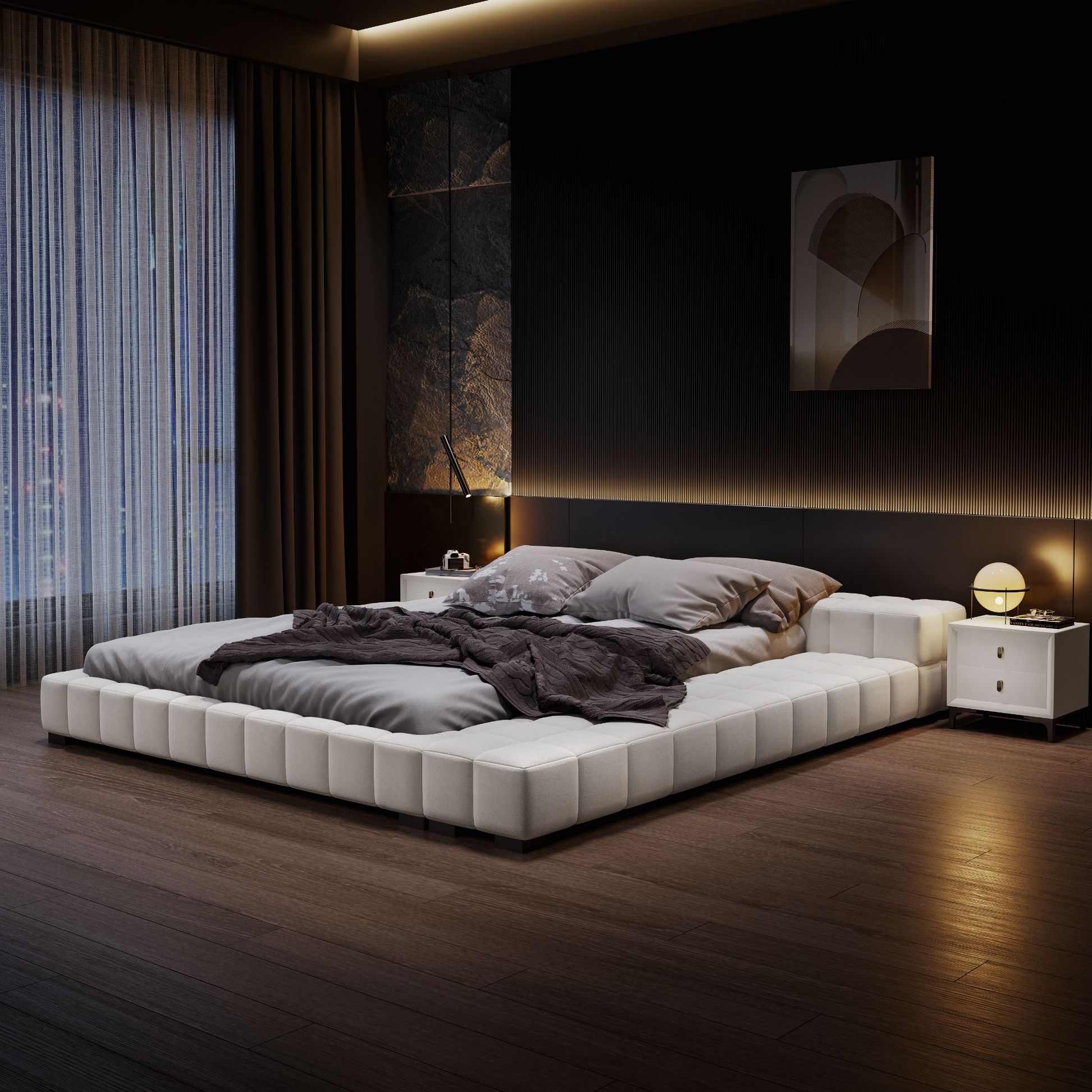 榻榻米极简布艺主卧大床简约泡芙大气轻奢科技布双人床储物婚床