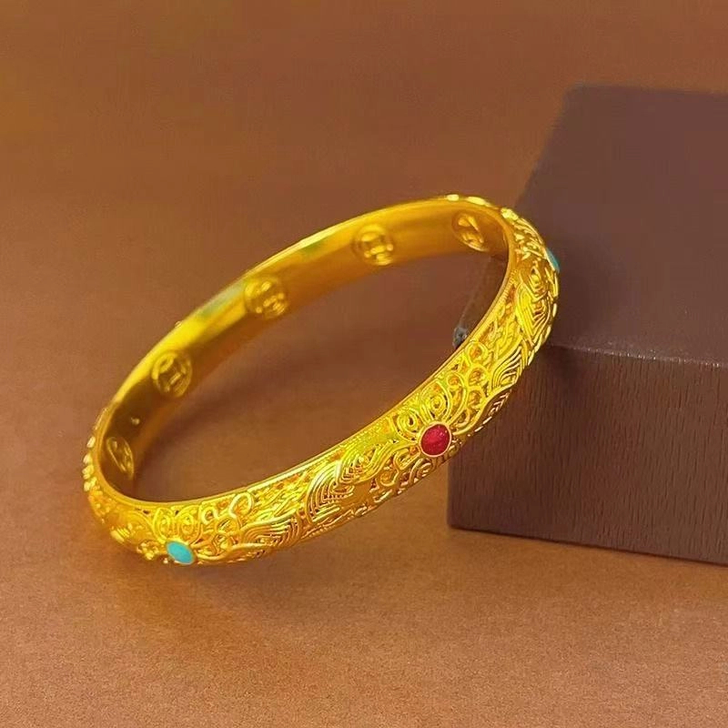 铜合金合成锆石手镯 铜合金花丝珐琅皇后钱币闭口中式宫廷手镯