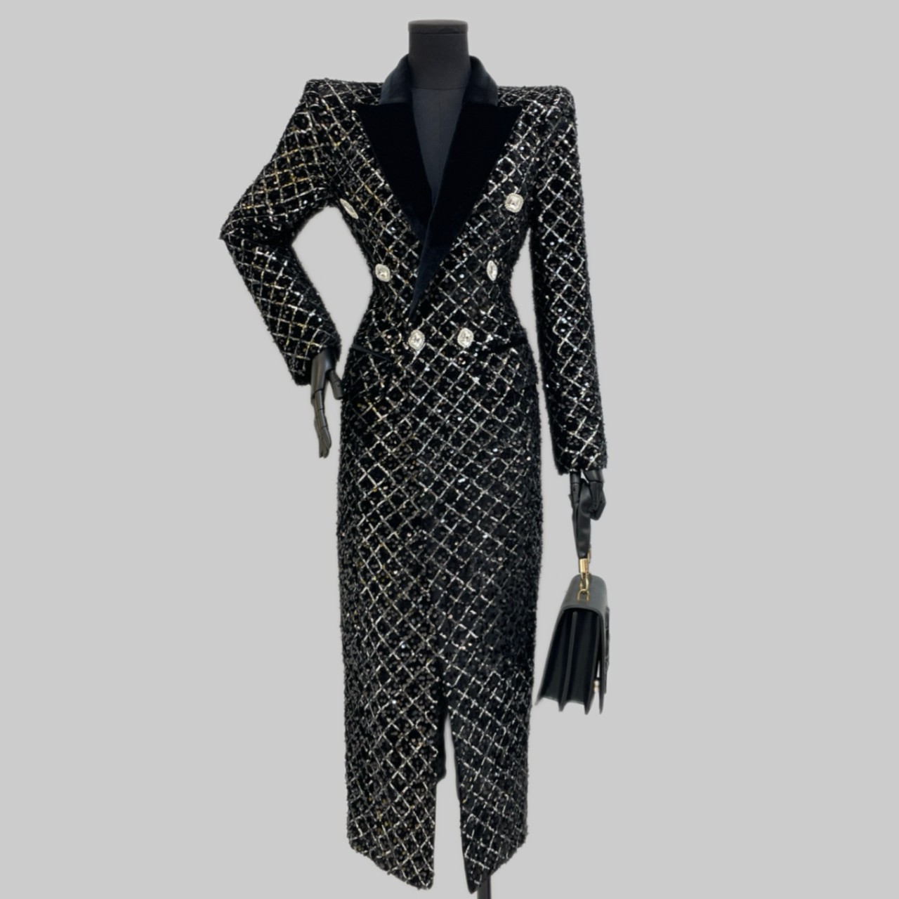 冬季重工刺绣亮片黑色丝绒长款修身高级感双排扣翻领时尚加棉外套