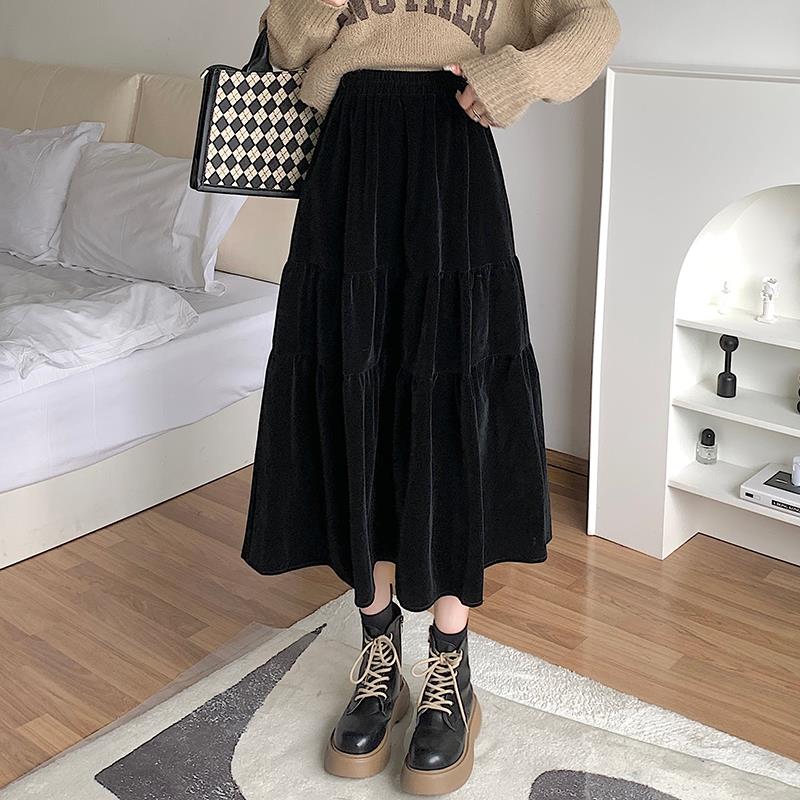 【丝绒】黑色半身裙女秋冬季松紧高腰遮胯显瘦a字裙中长版大摆伞