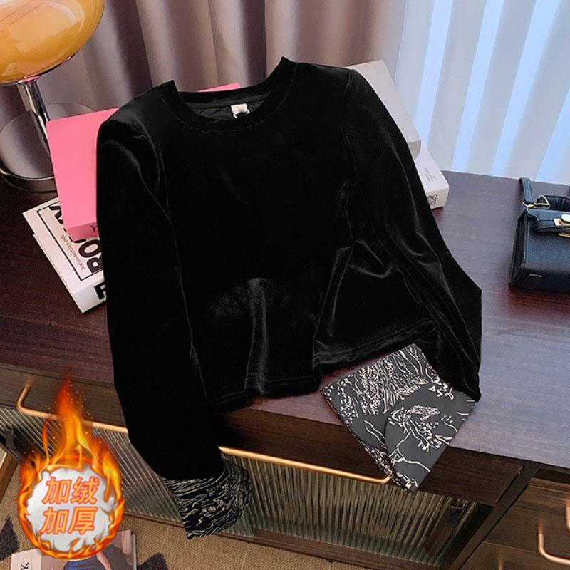 【丝绒】秋冬新中式国风卫衣女加绒恤上衣设计感拼接喇叭长袖小衫