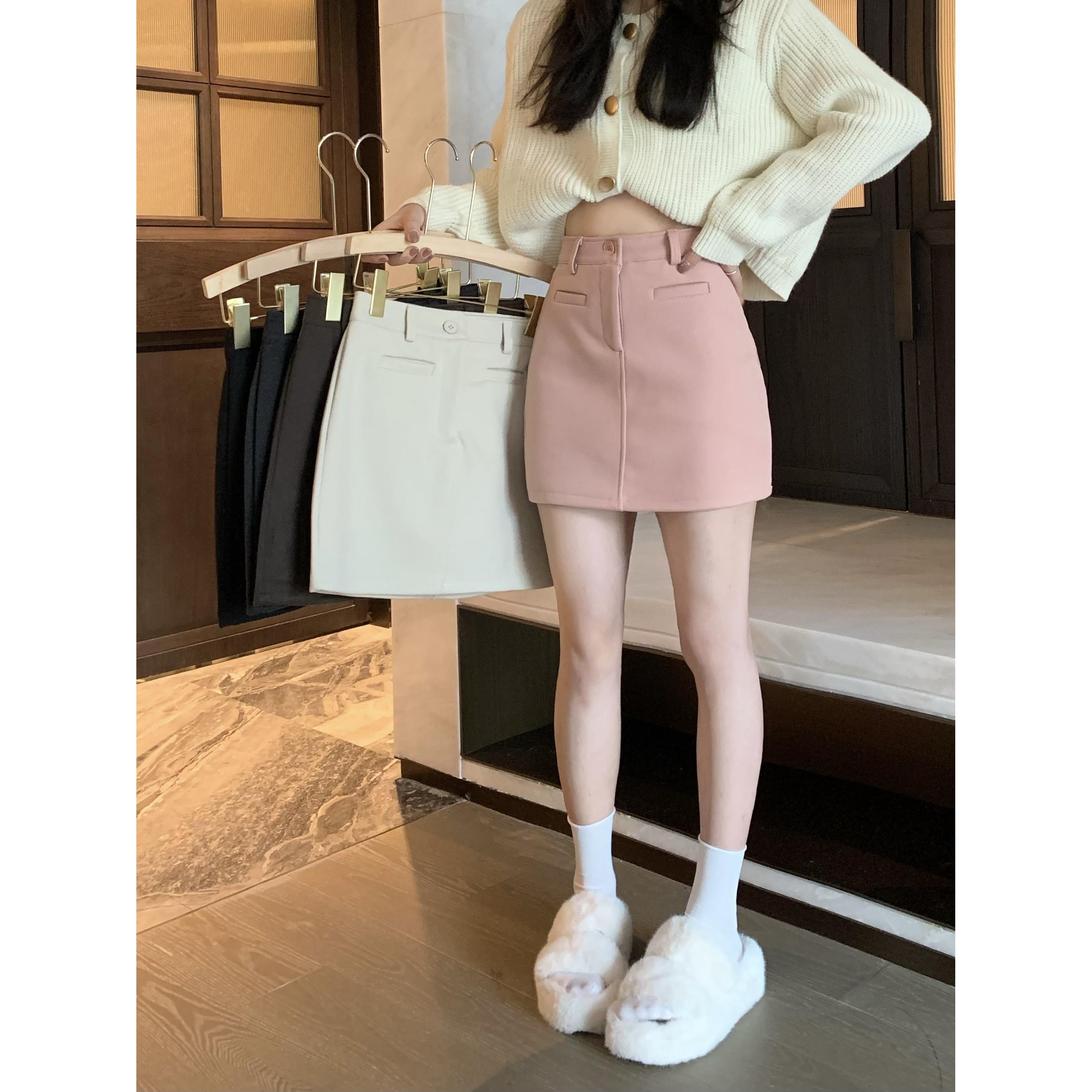 毛呢半身裙甜辣毛呢半身裙女秋冬2023新款韩版高腰短裙显瘦加厚A