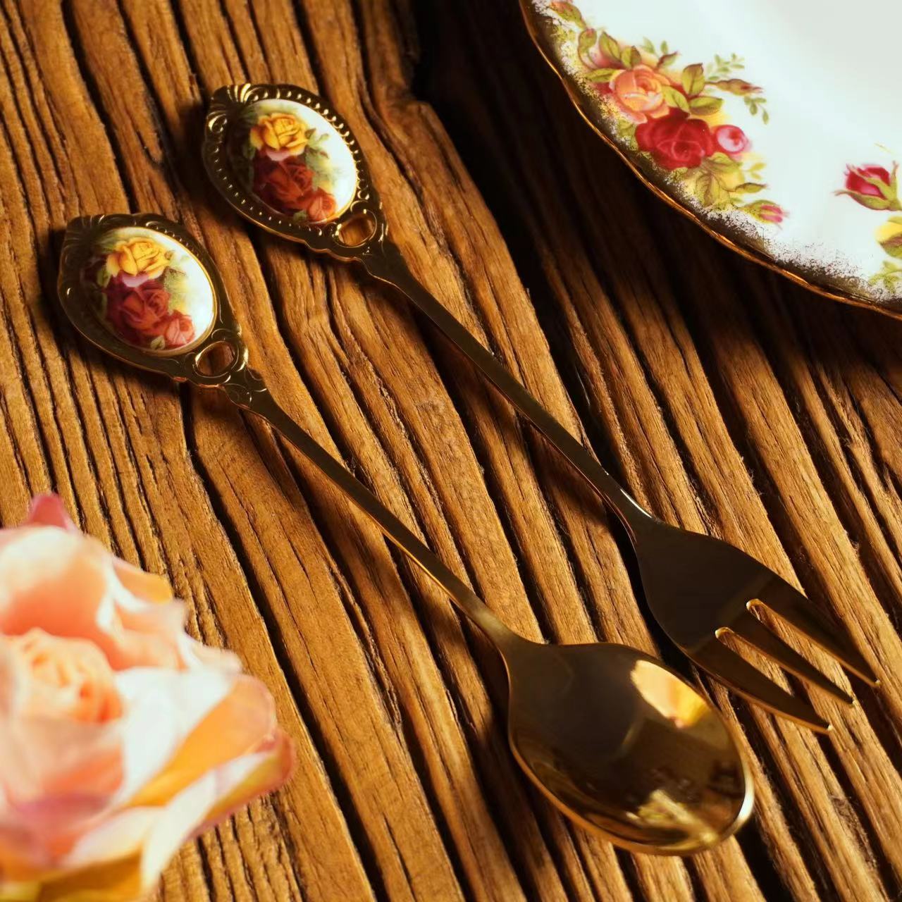 老镇玫瑰同款花色 咖啡勺蛋糕叉复古创意家用长柄休闲精致下午茶 