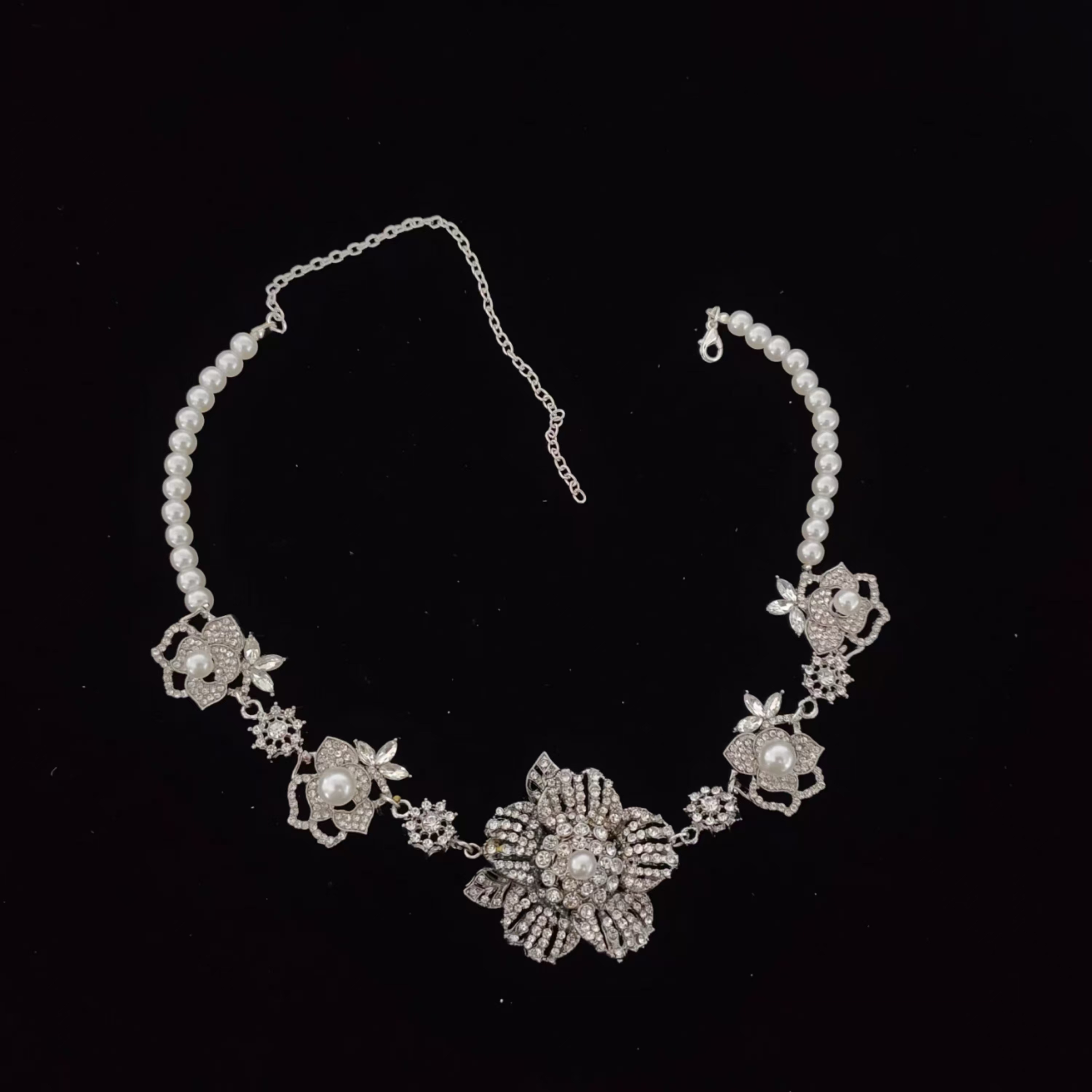 铜合金项链 2808新款重工玫瑰花闪钻珍珠项链新娘婚纱礼服配饰