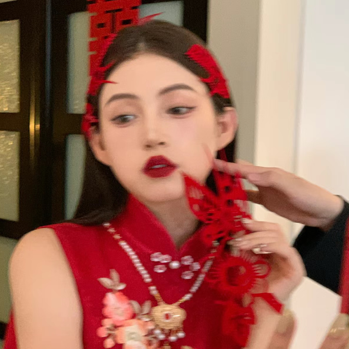 3109新中式新娘头饰植绒非遗红色剪纸