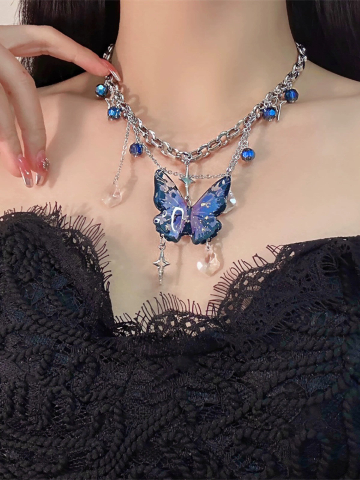 合金项链 1026紫色树脂蝴蝶四芒星流苏锁骨链女轻奢百搭项链颈链