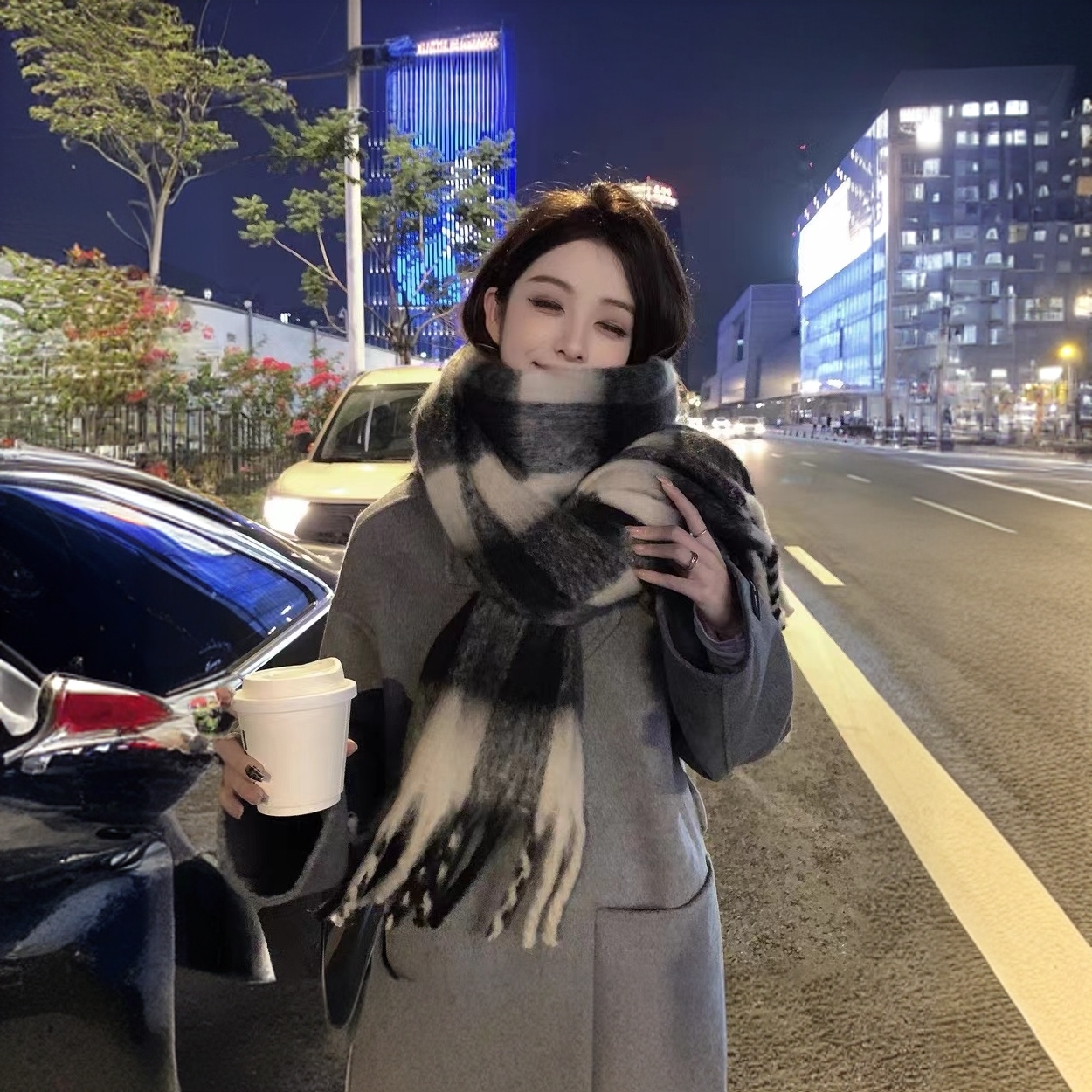 虞书欣同款黑白格保暖加厚马海毛围巾