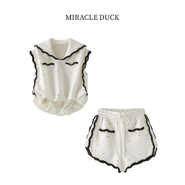 2号【元气少女】新款气质重工烫钻海军领撞色无袖短裤套装C1324