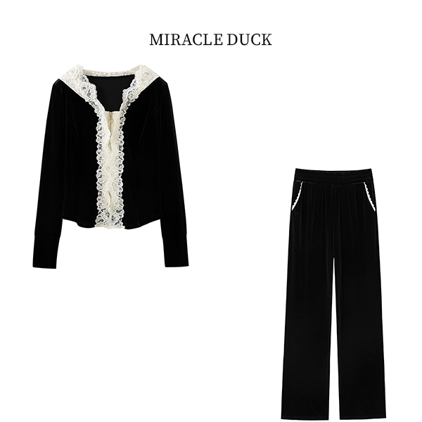 1号【香雾茶山】秋冬时尚蕾丝拼接丝绒外套弹力长裤套装C1363
