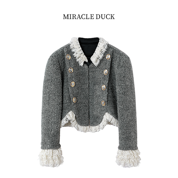 1号【法式茶歇】秋冬气质设计拼接蕾丝花边高级感小香风外套C796