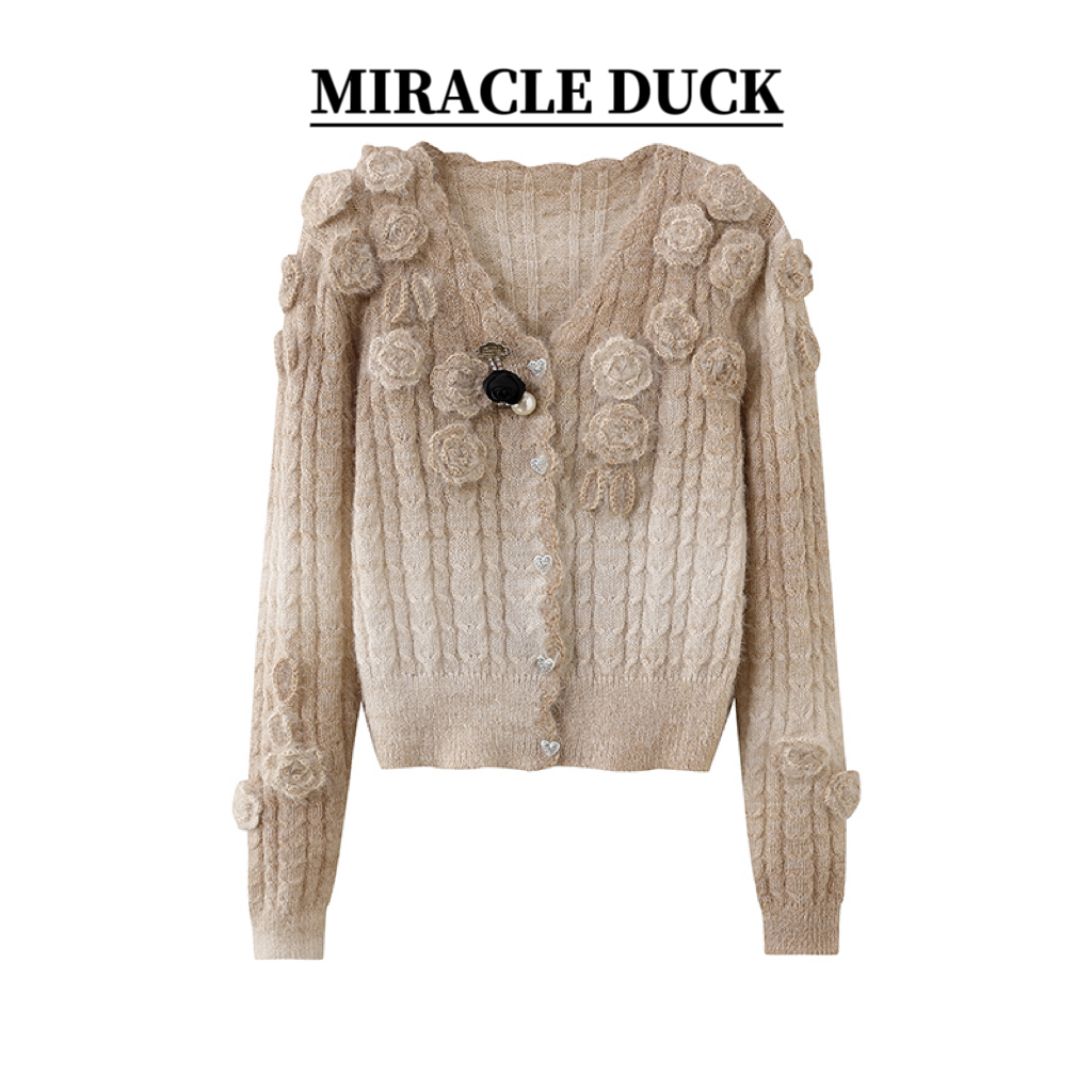 6号【渐变奶咖】 秋季时尚渐变色立体花朵设计长袖针织衫C1021-1