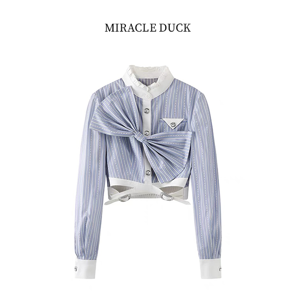 1号【蝴蝶结条纹】 新款可拆卸蝴蝶结蓝白条纹烫钻长袖衬衫C998