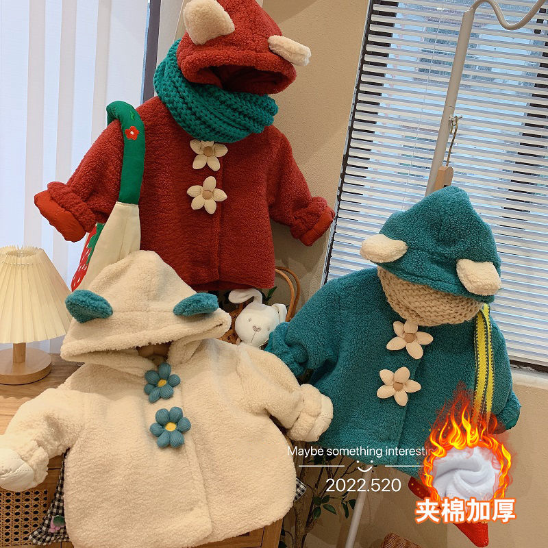 2023冬季新款童装女童毛毛外套加厚夹中小童可爱时髦连帽毛毛衣