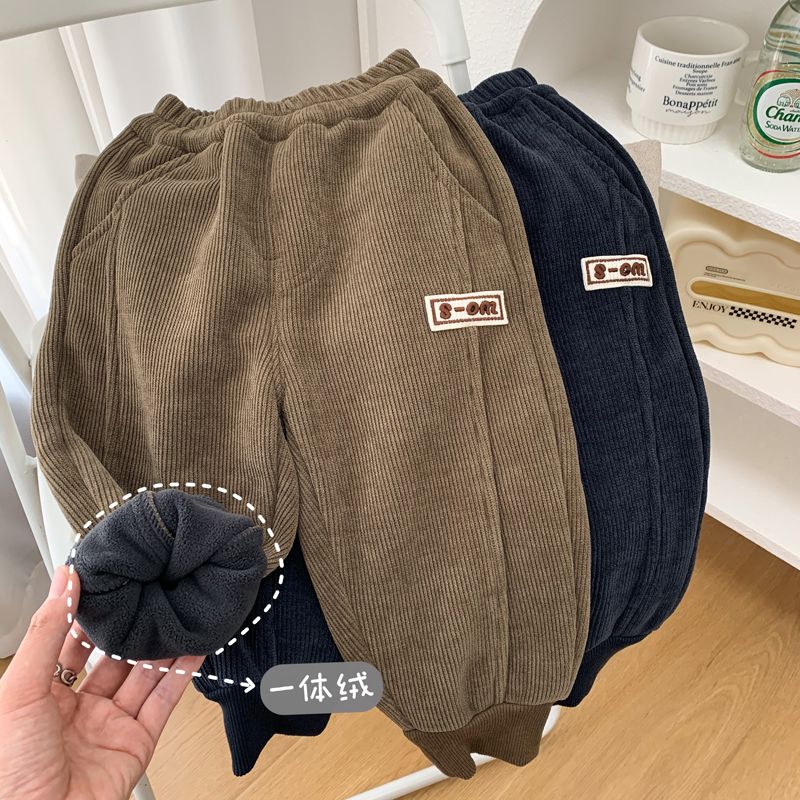 男童一体绒灯芯绒裤子秋冬装柔软弹力儿童休闲束脚裤中童加绒长裤