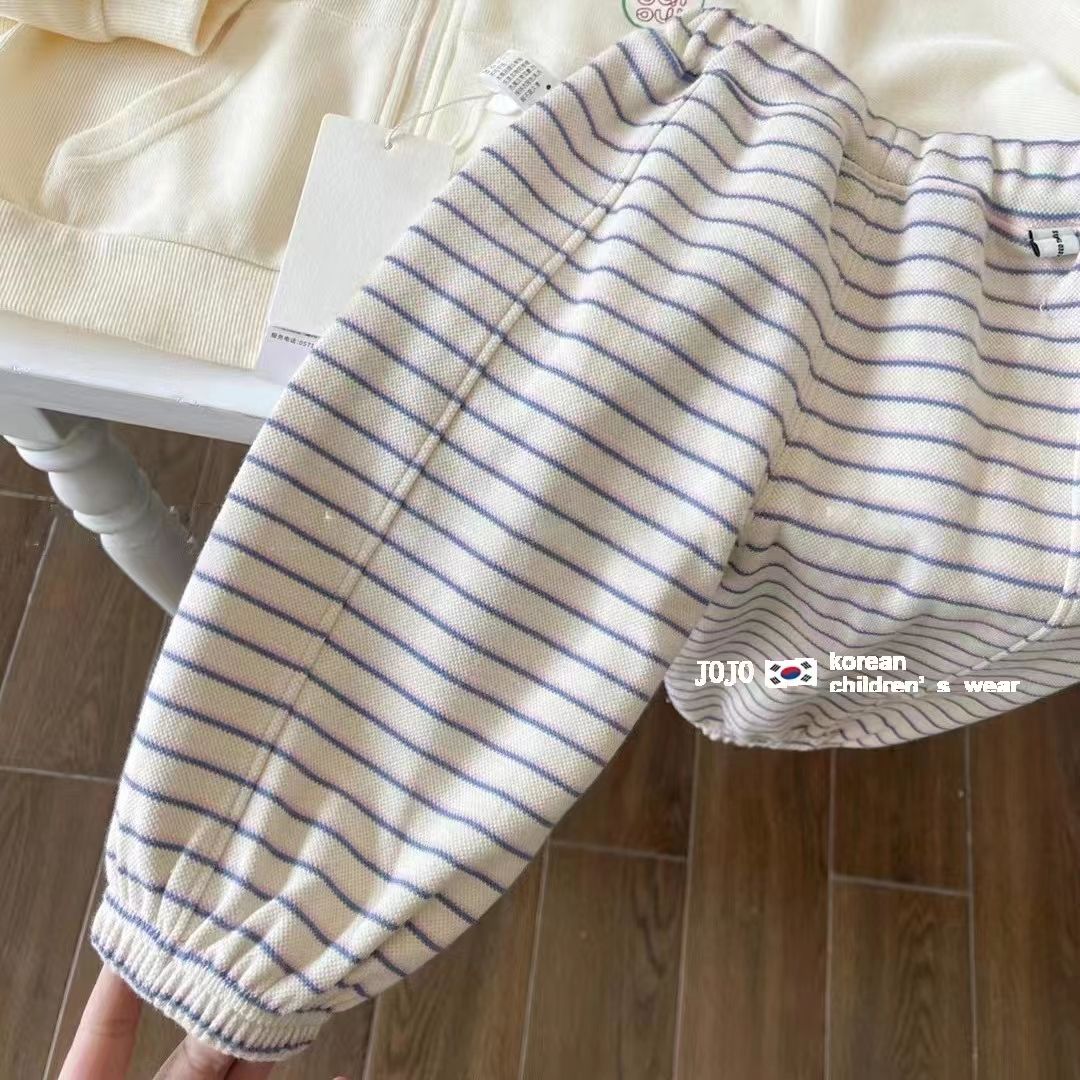 女童条纹裤子韩国童装秋装女童时髦洋气束脚裤柔软休闲裤透气中厚