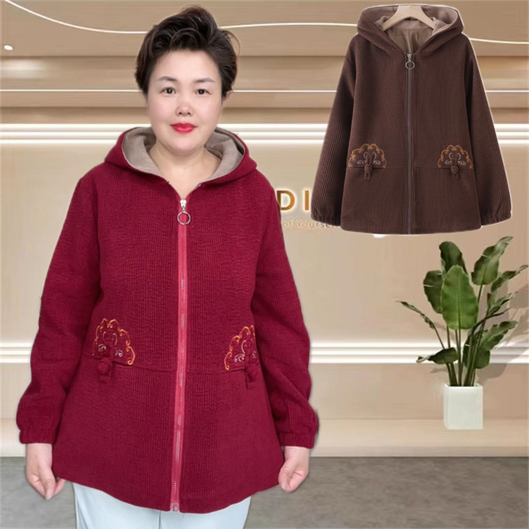 春秋特大码时尚休闲外套中老年秋冬厚外套中年连帽宽松上衣女外套