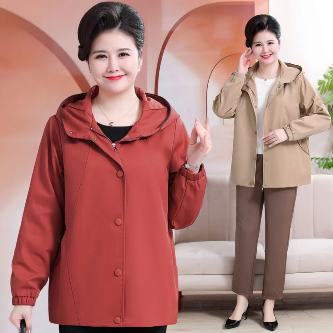 中老年春秋大码妈妈装中长款连帽休闲宽松外套中年秋季时尚洋气衣