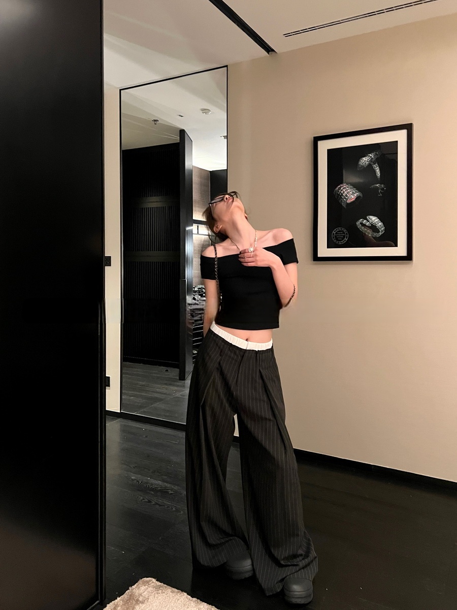 时尚设计感直筒休闲条纹裤子女秋季高腰显瘦阔腿宽松拖地长裤