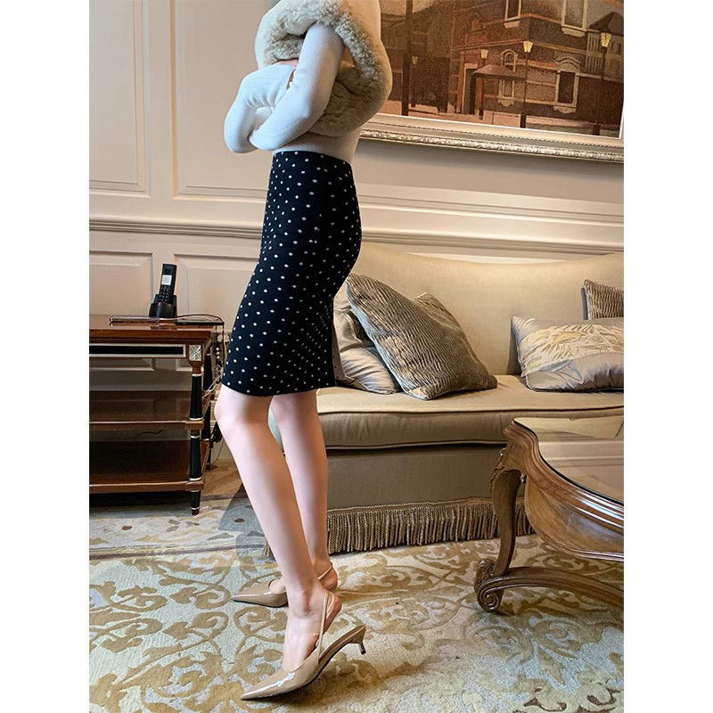 设计感复古优雅波点半身裙女时尚显瘦高腰修身包臀中长裙