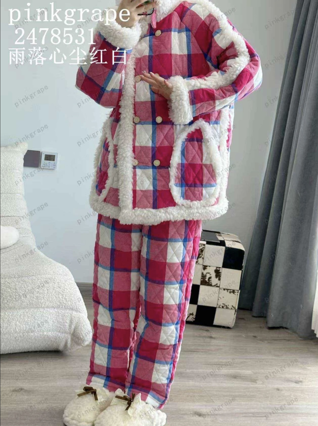 Pinkgrape 冬款家居服格格红白格子保暖加绒