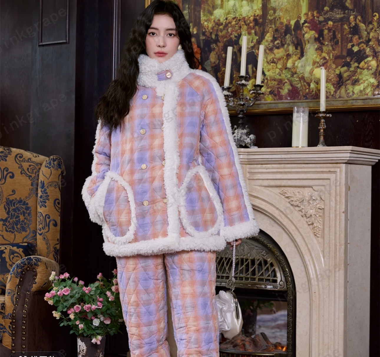 Pinkgrape 冬款家居服三层加厚格子粉色加绒保暖甜美ins时尚