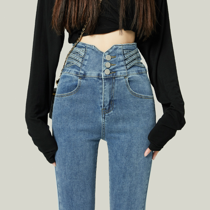 补运费 高腰牛仔裤女小脚裤秋季加绒修身显瘦紧身弹力铅笔裤排扣