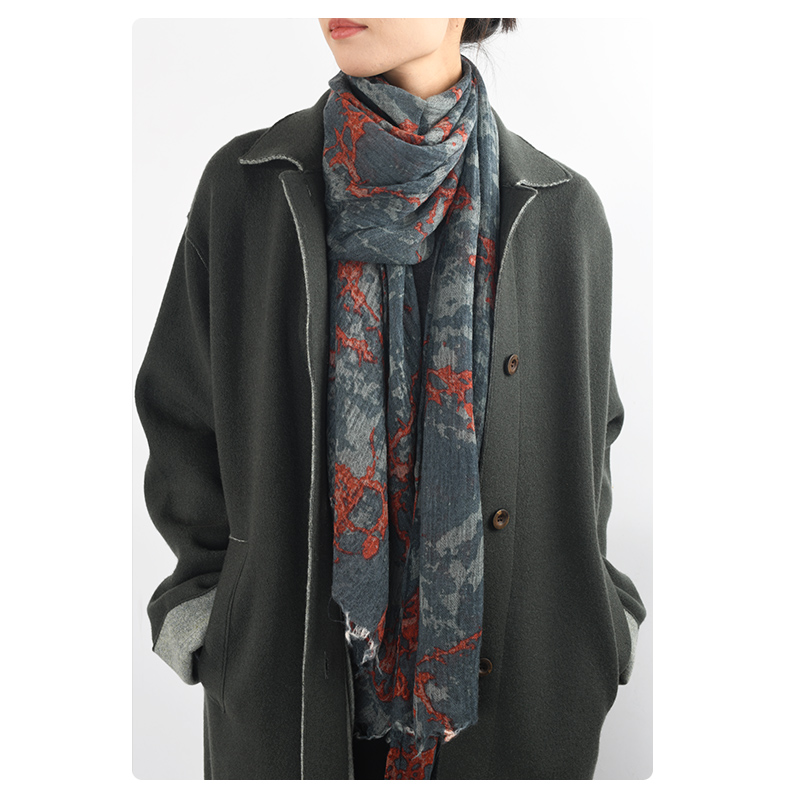 朴兰诗美秋冬新复古设计精纺水溶羊绒褶皱百搭印花围巾披肩