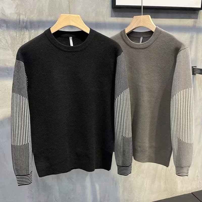 假两件条纹拼接袖毛衣男2022秋冬季新款潮流套头修身上衣针织衫