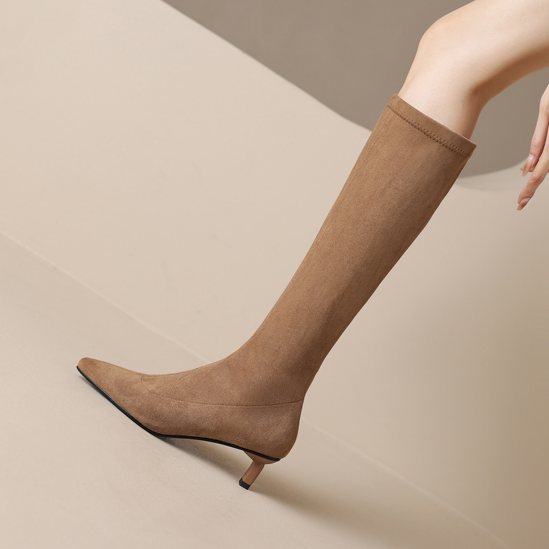 【跟高4cm】显瘦高跟弹力靴女细跟中跟尖头高筒靴长筒靴百搭瘦瘦靴