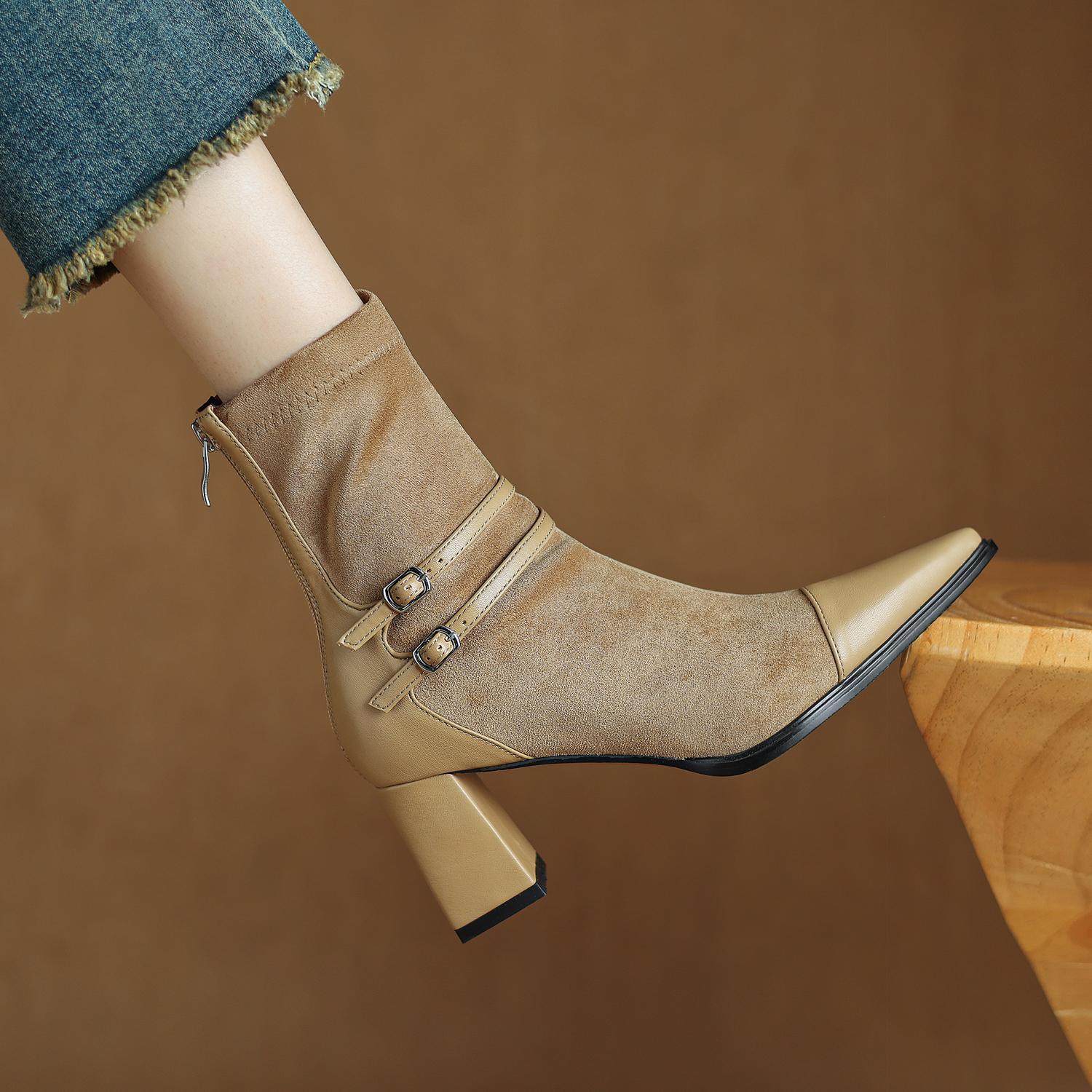 【跟高6cm】瘦瘦靴短靴女高跟粗跟尖头弹力靴秋冬新款显瘦女靴子