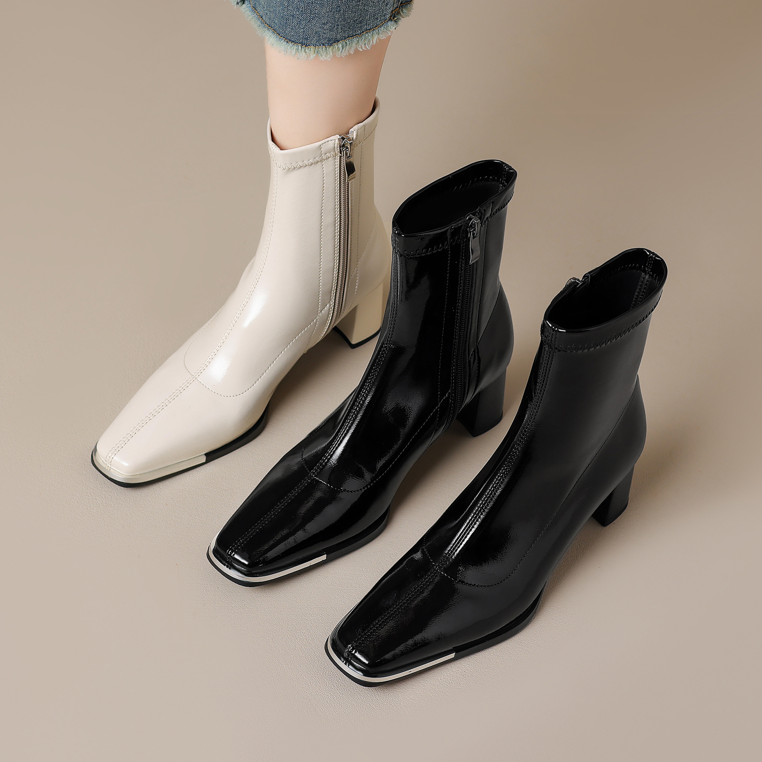 【跟高5cm】粗跟短靴女高跟方头瘦瘦靴弹力靴女显瘦百搭秋冬新款靴