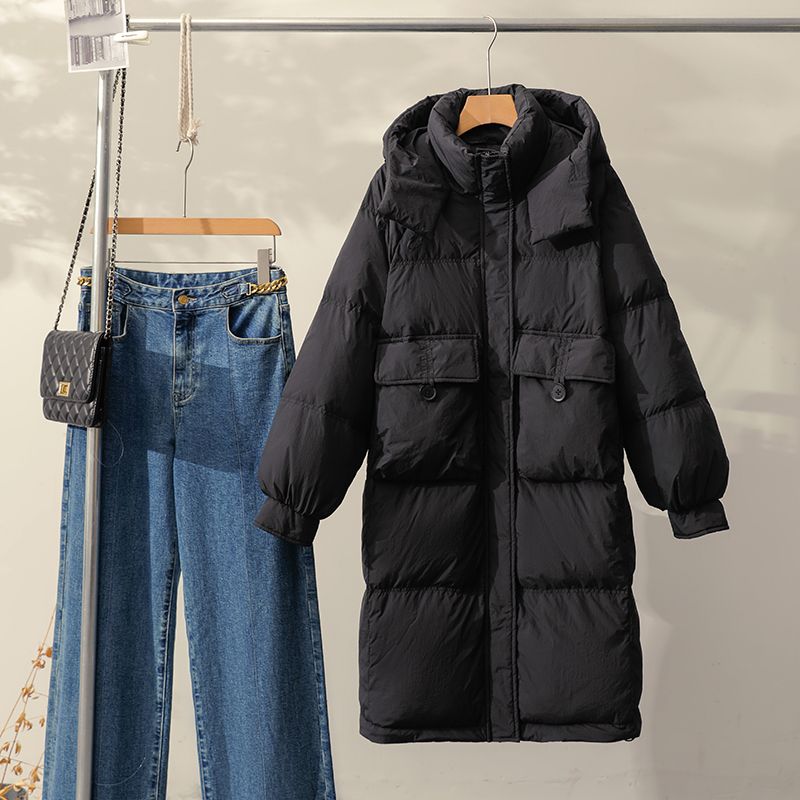 雪中飞2023新款羽绒服女中长款过膝韩版宽松加厚连帽收腰百搭白鸭