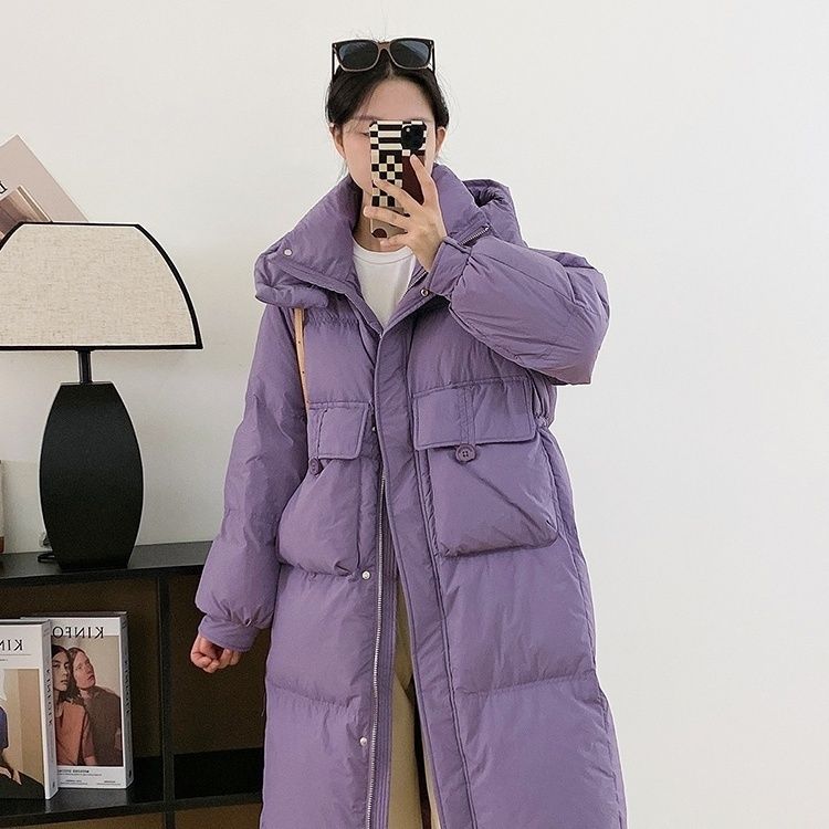 雪中飞2023年新款连帽羽绒服女中长款韩版宽松显瘦收腰半粒扣白鸭