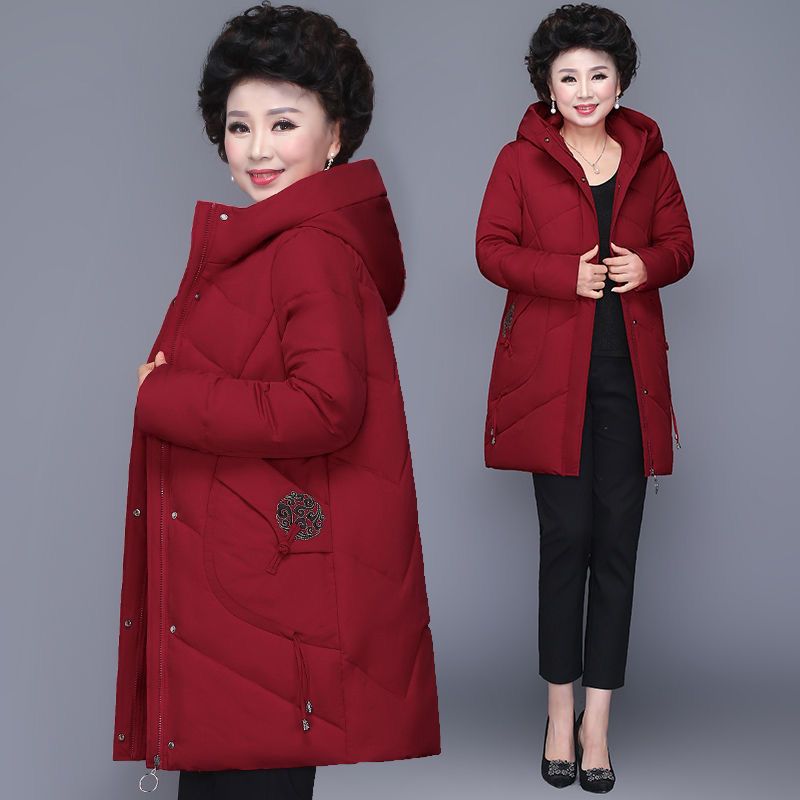 清仓羽绒服女2023新款中长款中老年宽松大码连帽加厚加大妈