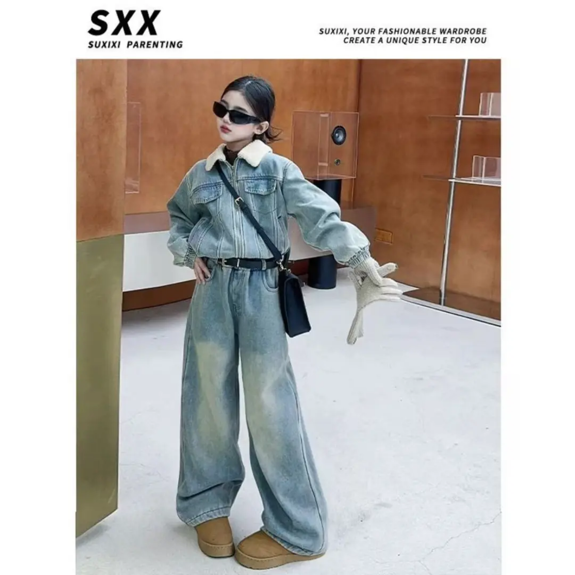女童2024秋冬季慵懒洋气加绒加厚牛仔套装外套阔腿牛仔裤两件套潮
