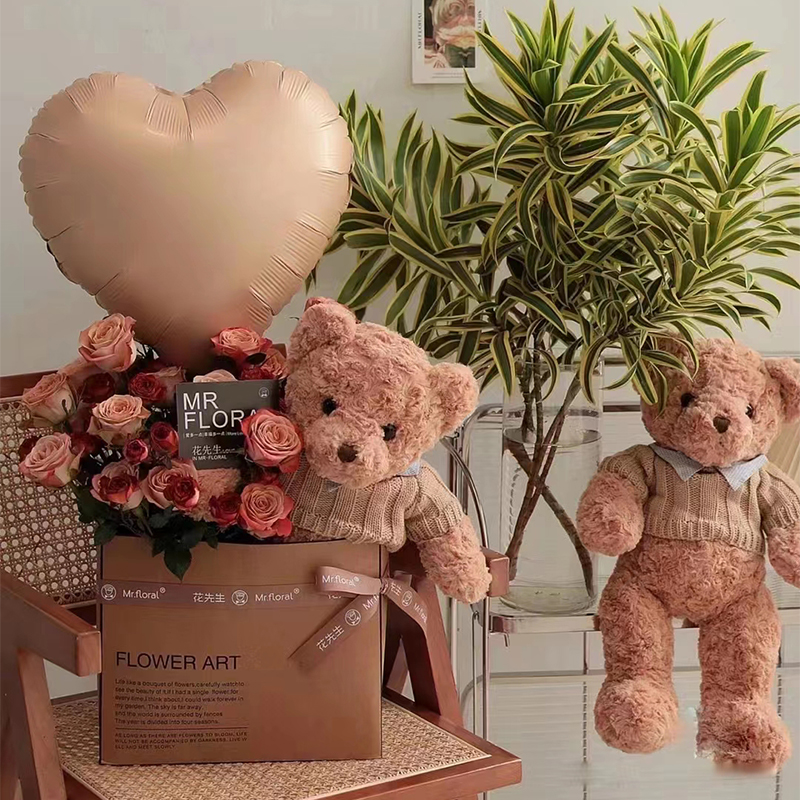 时霏玫瑰熊抱抱袋焦糖色铝膜气球卡布花束包装牛皮色插花袋子