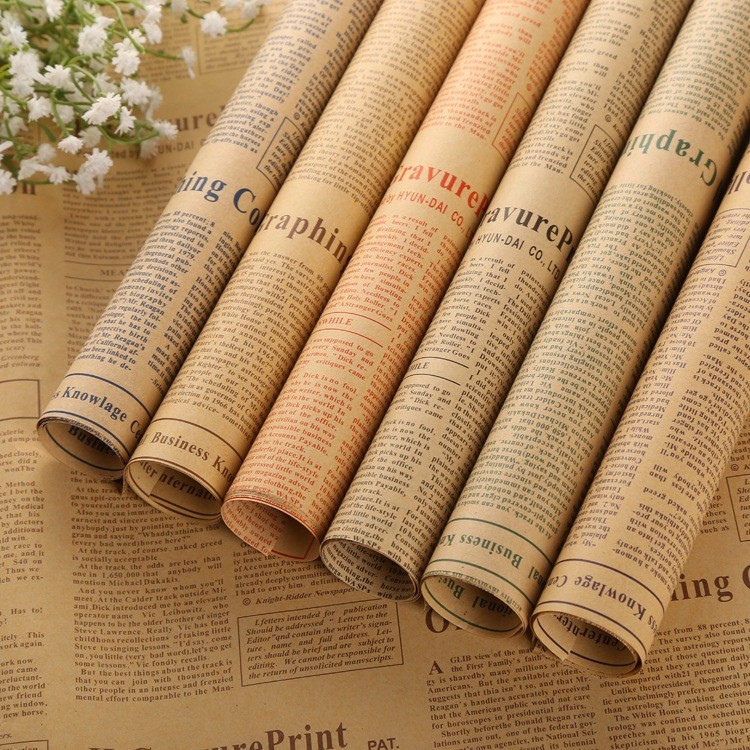 直播活动复古牛皮纸玫瑰水果包花纸怀旧英文报纸花束礼品向日葵