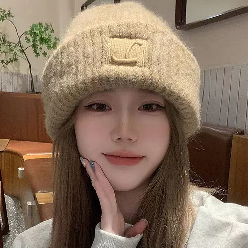 宽松大头围粗毛线堆堆帽秋冬季保暖冷帽显脸小简单护耳帽针织女帽