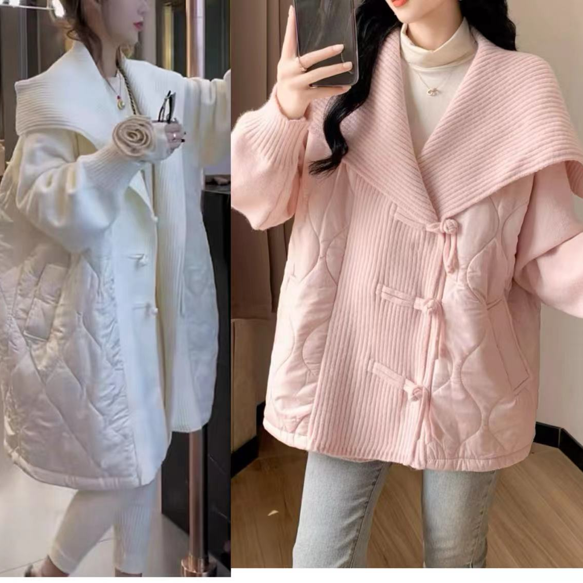 孕妇新款秋冬季慵懒风宽松拼接加厚针织夹棉外套海军领毛衣开衫