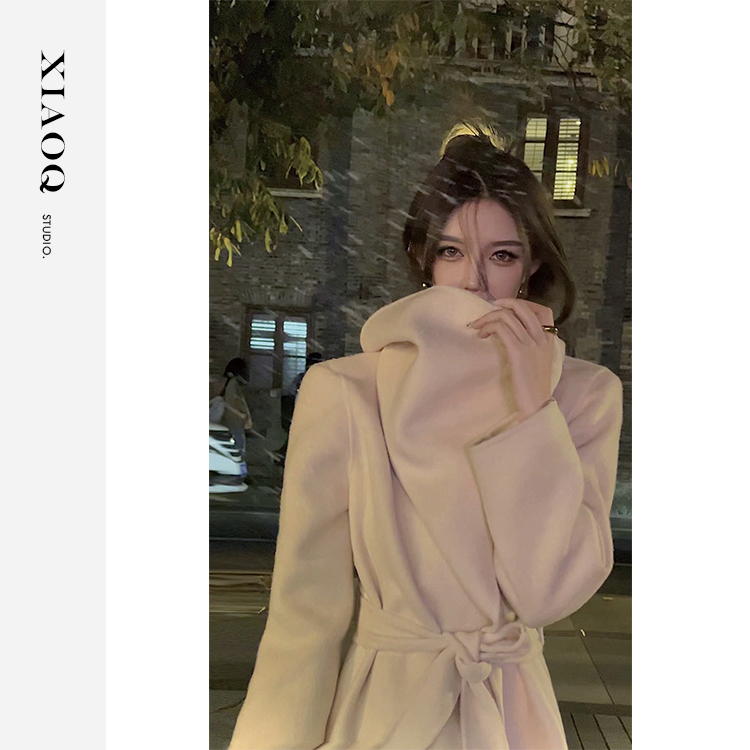 小Q家 6596 白色大翻领毛呢大衣修身显瘦高端中长款羊毛外套T