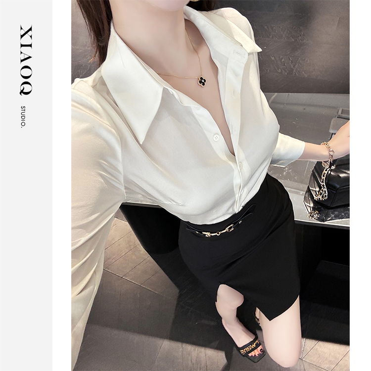 【小Q家】80130夏女修身七分袖衬衫通勤时尚气质上衣T