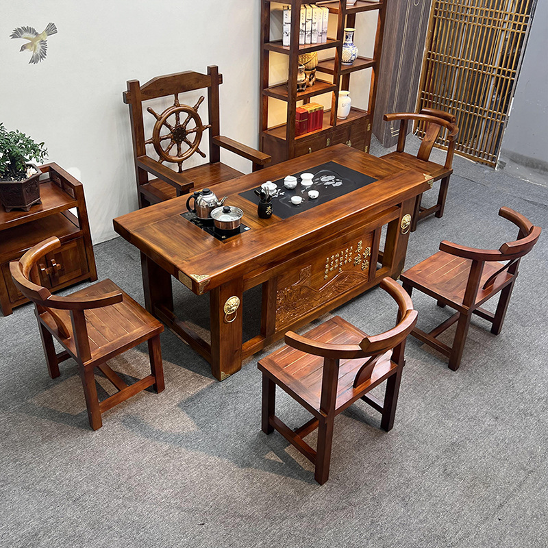 老船木茶桌中式纯实木禅意功夫茶台家用办公室喝茶泡茶几桌椅组合