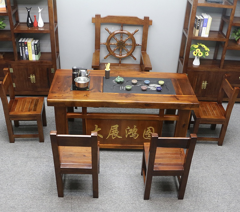 老船木茶桌椅组合实木功夫茶台一桌五椅家用办公室套装一体泡茶桌
