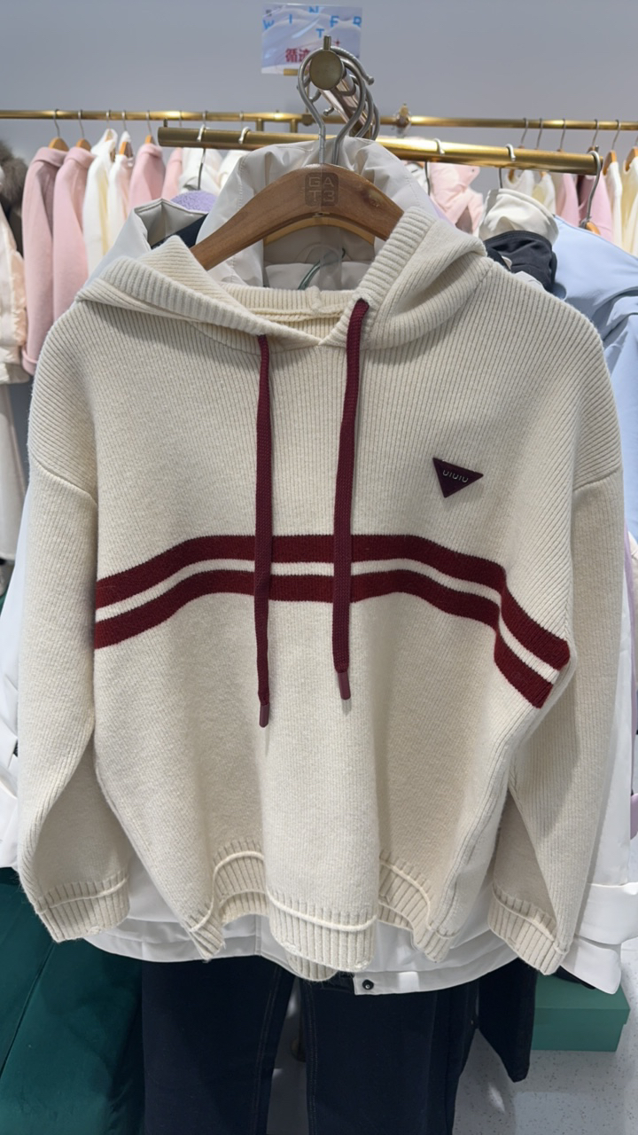 撞色条纹连帽套头针织衫卫衣女秋冬新款百搭通勤宽松时尚潮流上衣