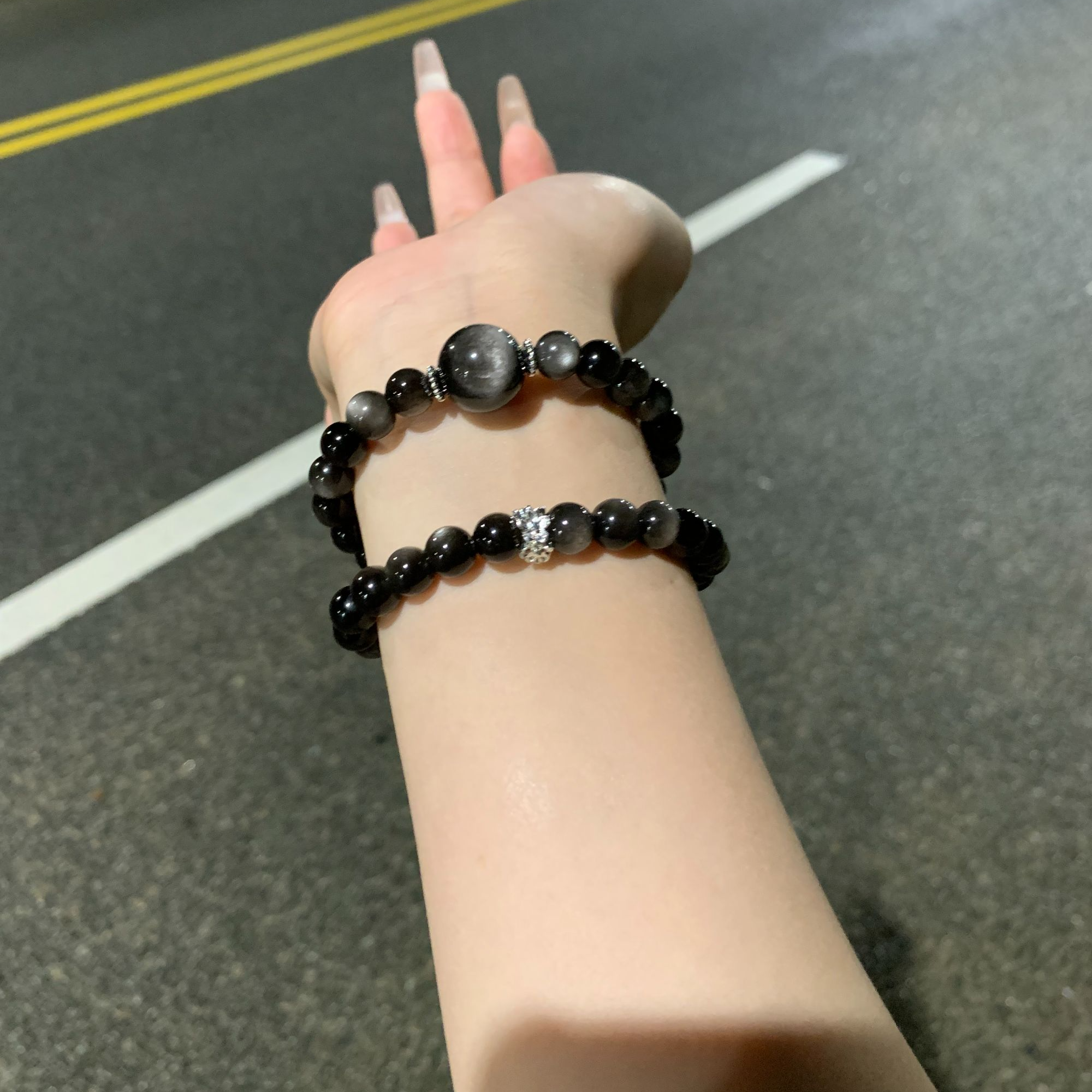 天然银曜石 双圈情侣银曜石 活眼DIY银曜 百搭手串