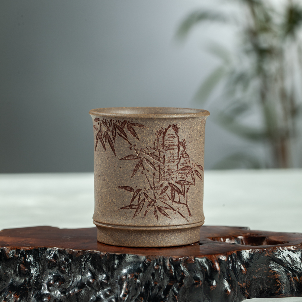 尊胜轩特制黄龙山原矿零添加段泥手工满刻绘对杯竹节杯泡茶杯茶具