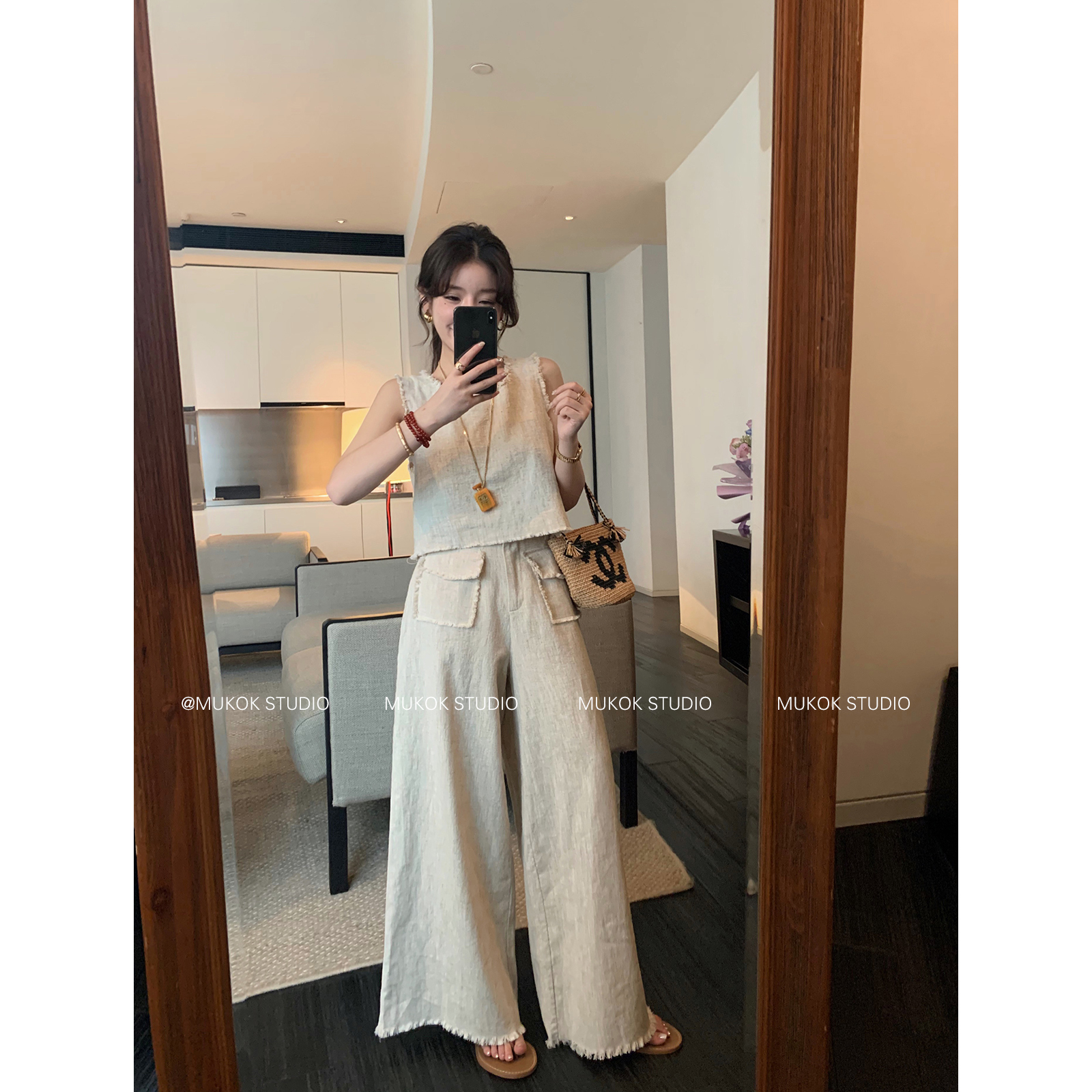 MUKOK 松弛自在~ 亚麻无袖上衣高腰阔腿长裤时尚休闲套装