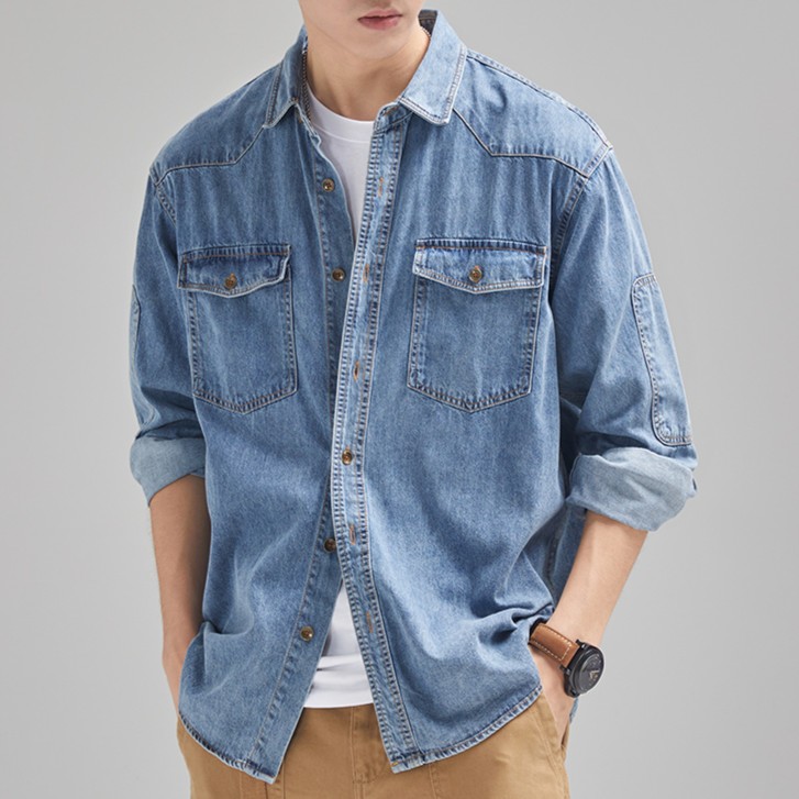 潮掌柜休闲宽松春夏牛仔衬衫外套大码衬衣长袖百搭青春美式纯色