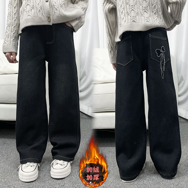女童牛仔裤秋冬加绒加厚2024新款爆款洋气裤子女孩阔腿裤宽松直筒