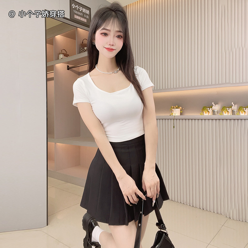 纯色短袖T恤女上衣短款短袖修身U领紧身短款高腰小个子露脐装上衣